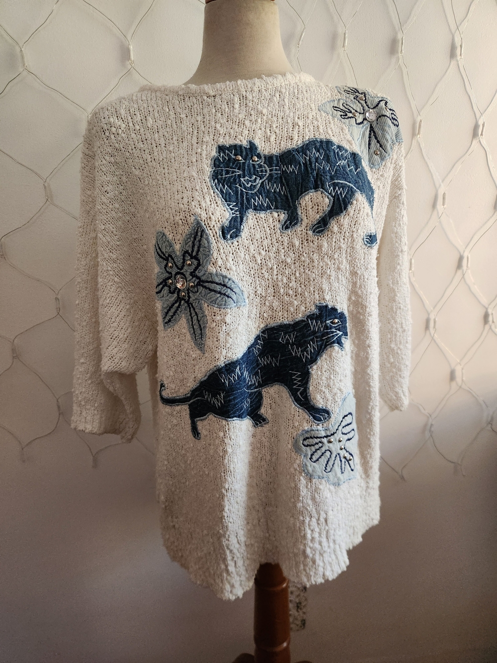 Vintage Adolfo Cream Boucle Knit Sweater with Blue Cat Appliqués • X-Large